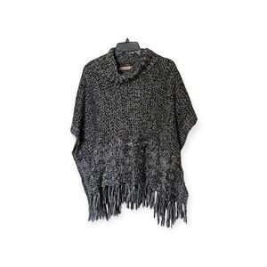 Do Everything In Love Turtleneck Black Poncho Sweater with Fringe One Size
